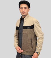 men's beige, black, and brown color-block jacket